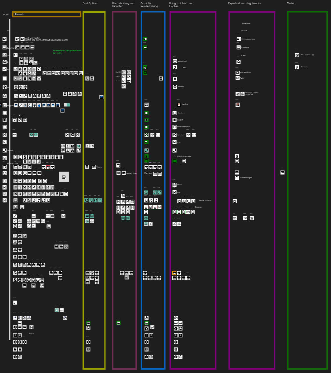 artboard in Figma, showing many icons in development stages