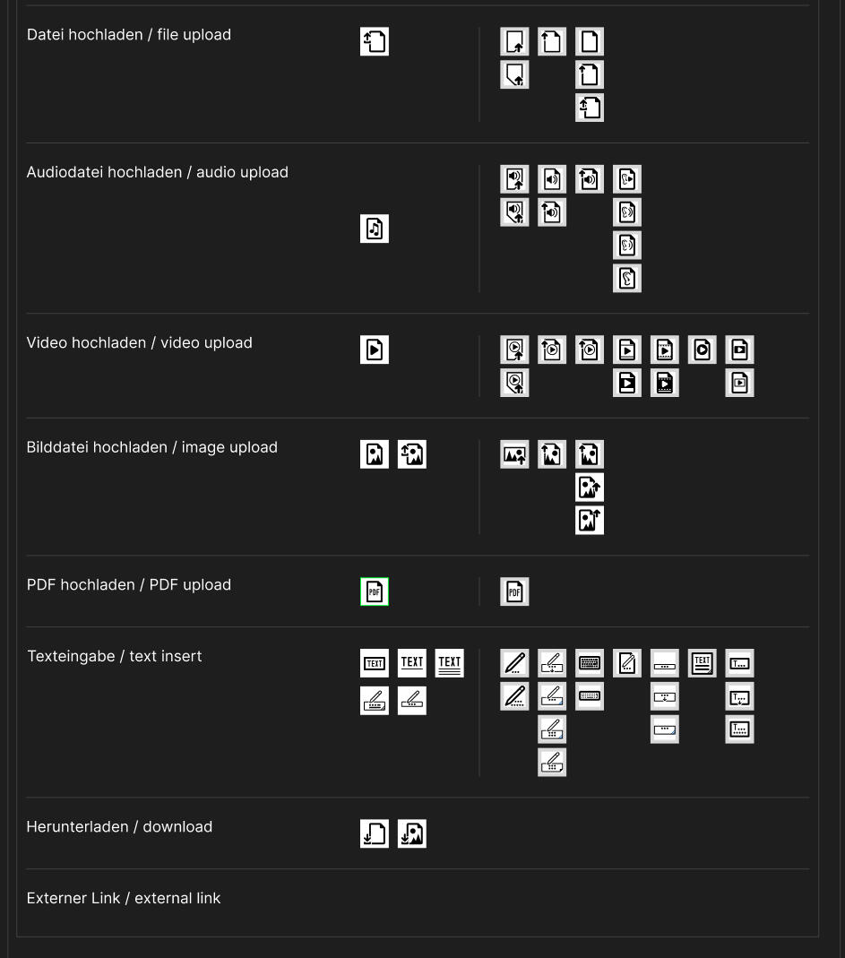 overview of Icons with description on the left, the finished version(s) in the middle and the development on the right