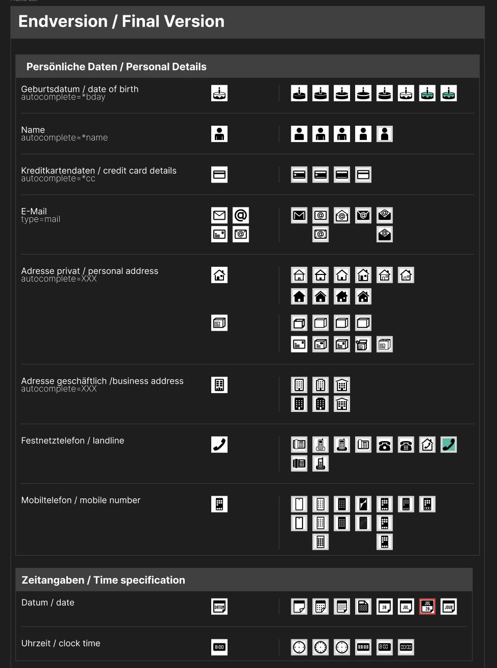 overview of Icons with description on the left, the finished version(s) in the middle and the development on the right