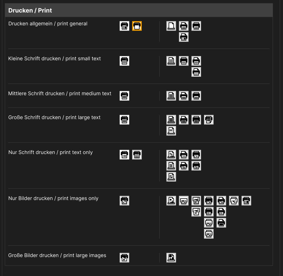 overview of Icons with description on the left, the finished version(s) in the middle and the development on the right