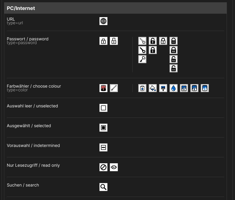 overview of Icons with description on the left, the finished version(s) in the middle and the development on the right