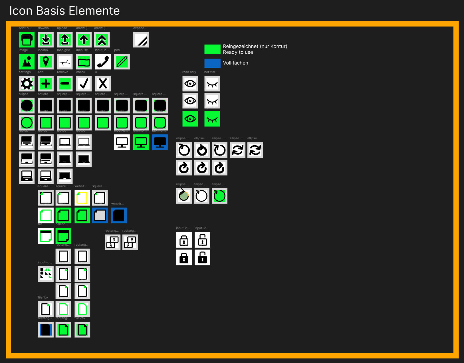 artboard showing a collections of base icons and shapes to reuse